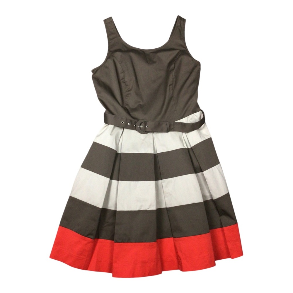 Banana Republic Outlet  Striped Fit Flare Dress Belted Sz 10 Gray Tan Red